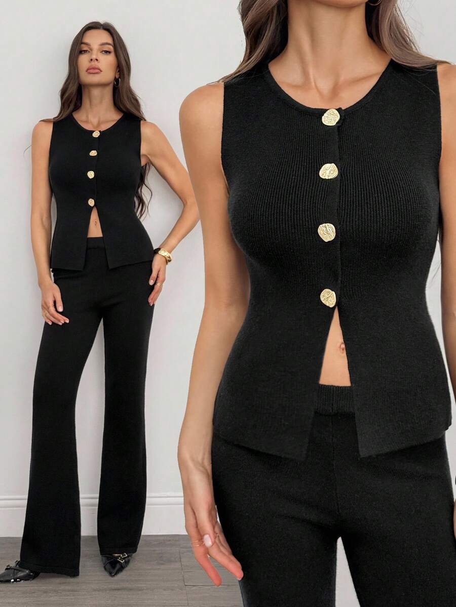 SHEIN Tall 2pcs Women Casual Commuter Sleeveless Top And Slim Flare Pants Knit Sweater Set Black Two Pieces Set In Fall/Winter, Tall Women - Black - View 1