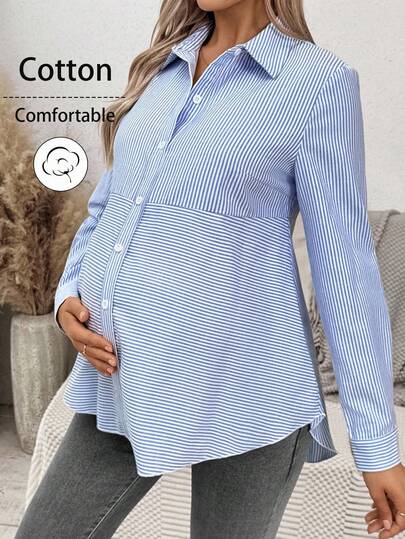 SHEIN Fall Clothes,Autumn Clothes,Maternity Autumn/Winter Clothes Maternity Striped Long Sleeve Single-Breasted Casual Versatile Shirt Cotton Maternity Blouse