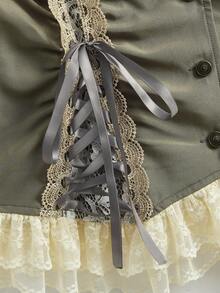 ROMWE Avant 女士撞色蕾丝系带单排扣时尚上衣 - 淺藍色 - 查看 4