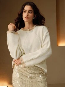 Anewsta Suéter feminino de gola redonda, com estampa floral em blocos de cores, detalhes em tule e miçangas. Modelagem solta, macia e elegante, ideal para outono, inverno, Ano Novo, ocasiões especiais, Natal, eventos noturnos e para se sentir confortável.