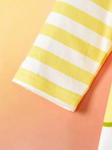 SpongeBob SquarePants | SHEIN 2 件套男婴条纹圆领长袖 T 恤和卡通图案围兜连体衣针织套装 - 黃色 - 查看 6