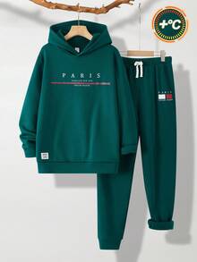 SHEIN Conjunto de sudadera con capucha y pantalones de chándal para adolescentes, estilo escolar casual, cómodo y de moda, versátil, tela suave, adecuado para uso diario, escuela, salidas, deportes al aire libre, otoño/invierno, vuelta al colegio, adecuado para vacaciones - Verde Oscuro - Ver 4