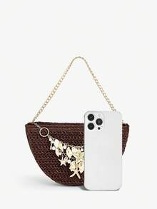 SHEIN SXY 女士，女式手提包，草编包，橙色，夏季度假，海洋元素链条装饰，时尚，优雅，简约，个性化，多功能，适合海滩，度假，假日，夏季，海边草编包（可拆卸装饰链） - 咖啡 - 查看 6