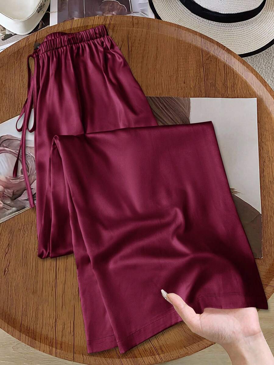 SHEIN LUNE Shiny Satin Low-Waist Wide Leg Pants For Women, Casual & Suitable For Commuting, Spring/Summer,Fall - Red Violet - View 1