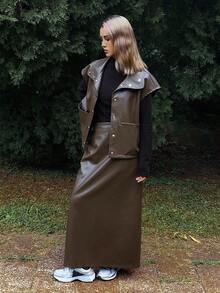 DAZY Women's Casual Street Style Solid Color Loose Lapel Sleeveless Drawstring Pocket PU Vest And Straight Skirt Two Pieces Set, Autumn/Winter