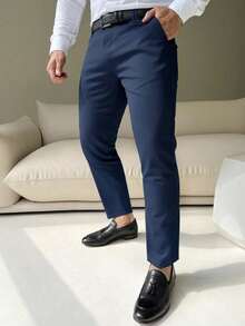 Manfinity Mode Men Slant Pocket Suit Pants Without Belt, Men's Dress Pants, Men Slim Fit Pants, Dark Blue Pants, Men's Stretchy Dress Pants - Navy Blue - View 4