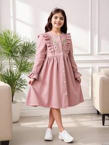 Tween Girl Flower Embroidery Ruffle Hem Dress - Pink - View 3