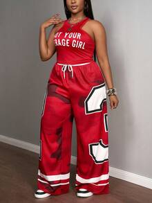 Slaydiva Women's 2 Pieces Outfit Red And White Summer Grunge Birthday Sports Style Round Neck I-Shaped Vest Slogan Letter Print Wide-Leg Pants Set - Red - View 9