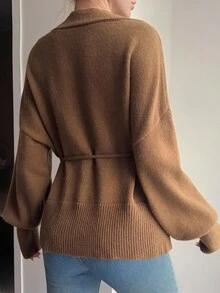Livesso Áo khoác cardigan dệt kim rộng dáng rộng, buộc chéo vai màu trơn dành cho nữ mùa thu/đông - Cà phê nâu - Xem 2