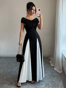 Rafferiza Elegant Color Blocking Off Shoulder Ruched Long Dress