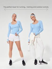 GLOWMODE Nâng cao năng lượng của bạn! Áo thun dài tay cổ vuông, ngang eo, ấm áp, thoải mái, phản quang, có lỗ xỏ ngón tay cái, thích hợp cho chạy bộ, đi bộ đường dài, tập gym, tập luyện hàng ngày. - Màu xanh nhạt - Xem 6