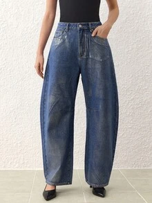 SHEIN Frenchy Damen Jeans mit Metallic-Effekt, locker geschnitten, Lässig, Tapered Bein - Blau - Übersicht 3