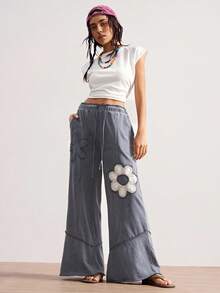 Bohemela 大码女式花卉贴花抽绳腰阔腿宽松休闲裤 - 灰色 - 查看 8