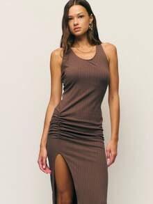 Nöista's Ribbed Brown Sleeveless Midi Dress Features A Flattering Side Slit And Bodycon Fit, Making It A Chic Choice For Fall Dresses For Women, Winter Clothes Women, And Versatile Autumn Outfits That Can Be Dressed Up Or Layered For Colder Days. - Coffee Brown - View 1