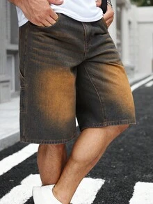 Manfinity EMRG Men's Loose Casual Bermuda Denim Shorts With Pockets Boyfriend & Husband Vintage Washed Loose Wide Leg For Vacation Denim Shorts