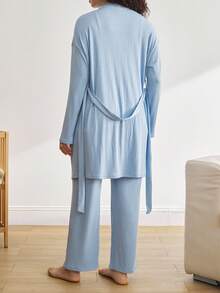 Moonlight&Mama BloomMama纯色针织开衫、吊带背心和休闲裤三件套孕妇睡衣套装，产后居家服，浅蓝色孕妇睡衣套装，舒适优雅，秋冬服装 - 藍色 - 查看 4