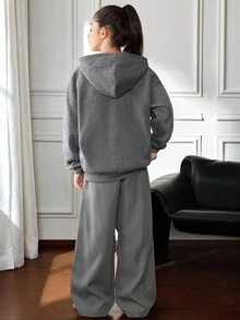 SHEIN Tween 女童休闲街头风星星字母图案连帽衫和斜纹布工装裤两件套运动服套装，儿童装，深灰色 - 深灰色 - 查看 4