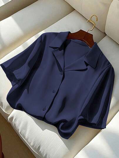 Franclia Plus Size Women's Solid Color Turndown Collar Short Sleeve Button Up Casual Loose Commuting Elegant Blouse Navy Blue Blouse Dark Blue Shirt Office Blouse Loose Shirt Blouses For Women