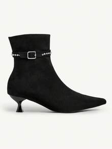 CUCCOO CHICEST Giày bốt cao đến bắp chân bằng da lộn màu đen, khóa cài thanh lịch, đính đá thời trang dành cho nữ, đa năng - màu đen - Xem 9