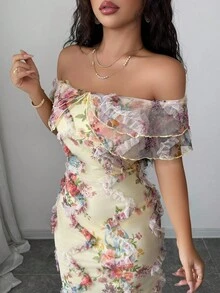 Elenzga 优雅荷叶边露肩修身腰身连衣裙，采用 3D 花卉网眼面料，浪漫 - 彩色 - 查看 3