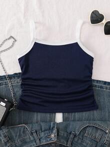 女童夏季字母印花荷叶边休闲吊带背心 - 藏蓝色 - 查看 2