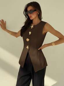 Aloruh Blazer sin mangas con cuello redondo minimalista para oficina y viajes, con decoración metálica, para mujer en otoño/invierno