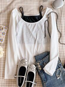 少女休闲贴身两件套百搭T恤 - 黑與白 - 查看 1