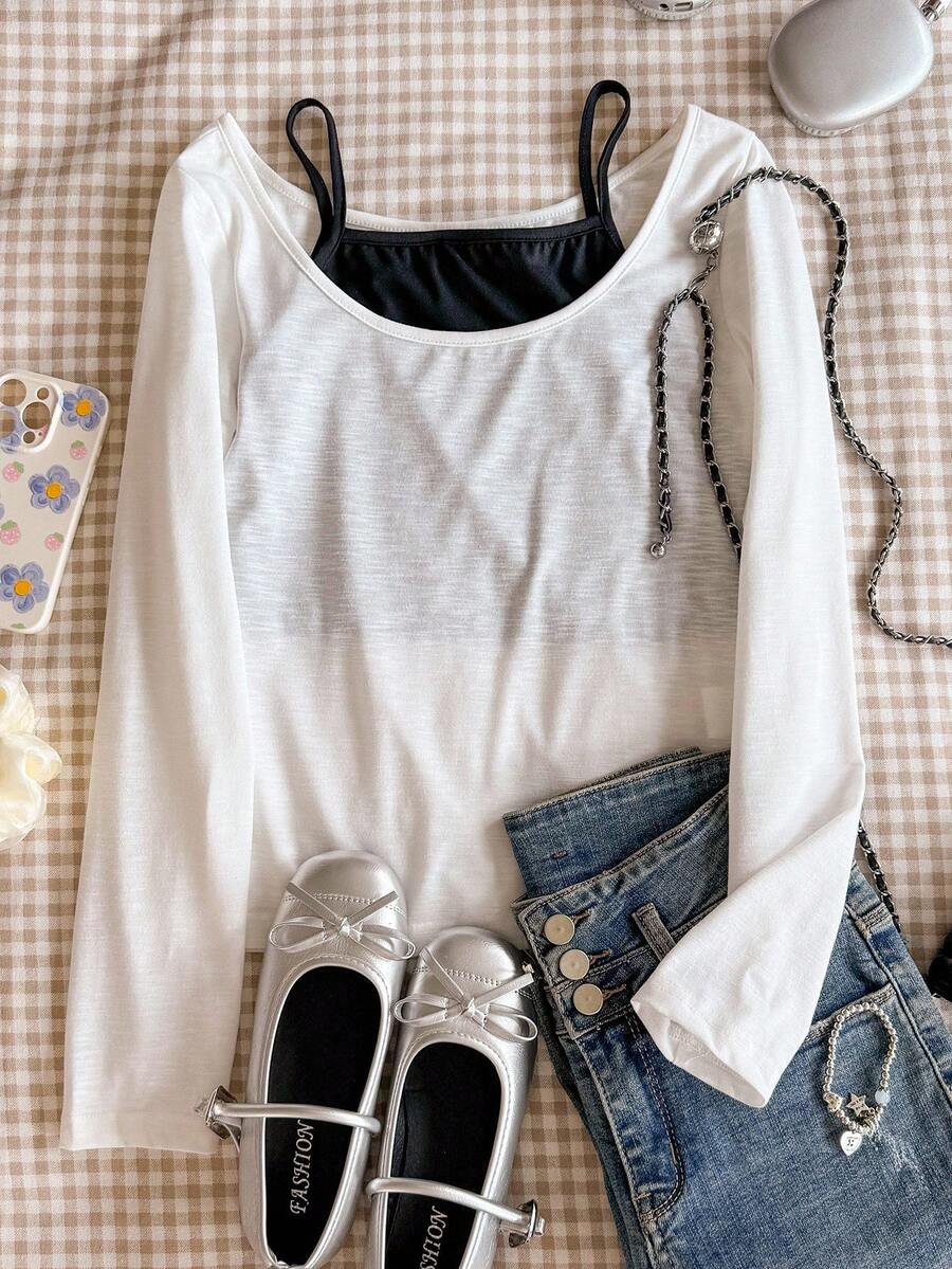 少女休闲贴身两件套百搭T恤 - 黑與白 - 查看 1