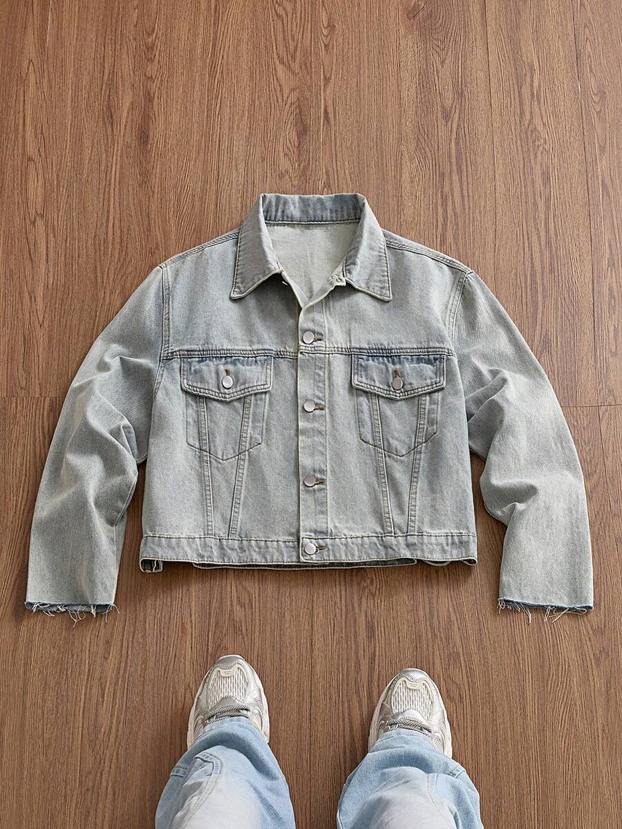 SWAVVY 男士休闲浅蓝色水洗牛仔长袖外套，适合秋季穿着，情侣装 - 淺色水洗藍 - 查看 1