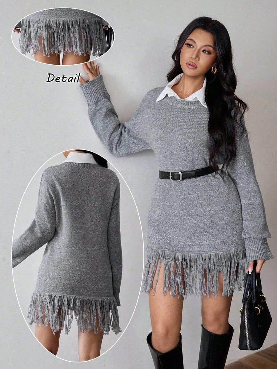 Rafferiza Women's Grey Blogger-Style Loose Knit Sweater With Tassel Design,Autumn Casual Everyday Fall Winter Pullover For Elegant Fashionable Office Commuting - Grey - View 1