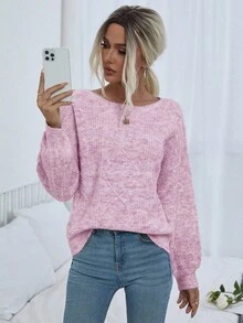 EMERY ROSE Women's Casual Loose Fit Crew Neck Drop Shoulder Long Sleeve Pink Sweater, Autumn/Winter - Multicolor - View 3