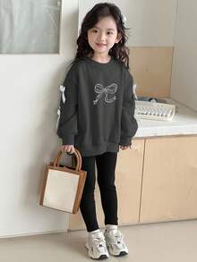 Dazy Kids 2件套女童圆领针织蝴蝶结印花套装 - 灰色 - 查看 4