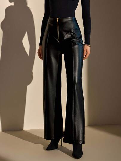 CLARA VERO Women's High Waist Black PU Leather Pants – Slim Fit Faux Leather Trousers With Gold Zip Front, Edgy Vegan Leather Fashion For Night Out, Club, Or Street Style Leather Pants For Women Black Leather Pants Flared Pants For Women Pants Flare Leg Wide Leg Jeans Woman