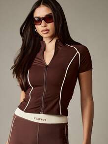 Missguided x Playboy 运动拉链正面撞色滚边短袖立领上衣 - 棕色 - 查看 1
