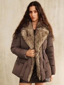 Anewsta Casaco Feminino de Luxo com Colarinho de Pele Sintética Oversized, Cintura Marcada, Médio, Grosso, Adequado para Outono, Inverno, Ano Novo, Elegante, Chique, Estiloso, Natal, Uso Social - Castanho - Visão 5