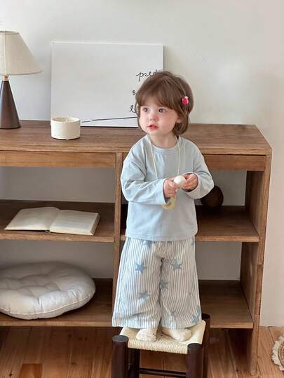 DAZY 2pcs/Set Toddler Girls' Casual Round Neck Long Sleeve Striped Loose Fit Pants Pajama Set