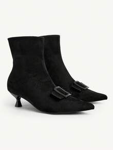 CUCCOO CHICEST Women's Fashion Kitten Heel All-Match Style Versatile Striped Metal Decor Zipper Knee-High Boots - Black - View 2