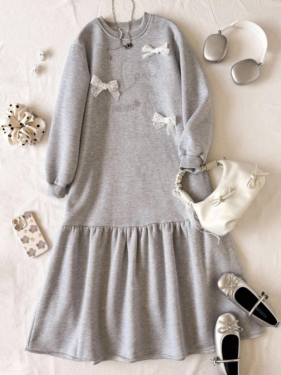 Girls' Casual Long Sleeve Dress With Rhinestone Pattern, Lace Bow Decor, Suitable For Walking, Travel, Shopping, Vacation, Can Be Paired With Jacket, Vest Fall Winter - Grey - View 1