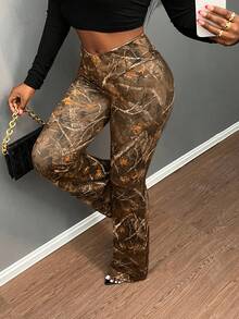 Slaydiva Quần ống loe in họa tiết cành cây dành cho nữ cỡ lớn, thích hợp cho các dịp lễ, năm mới, ngày Valentine. - màu nâu - Xem 7