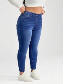 SHEIN BASICS Plus Size Blue Stretch Skinny Jeans/ Summer - Dark Wash - View 6
