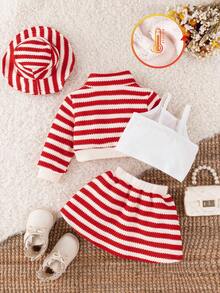 SHEIN 4 Stücke Baby Mädchen Herbst/Winter modische, elegante rote/apricotfarbene gestreifte Jacke mit Langarm, passender Rock, weißes Trägerhemd, Hut, geeignet für Schule, Reisen, Fotografie im Herbst - Rot - Übersicht 2
