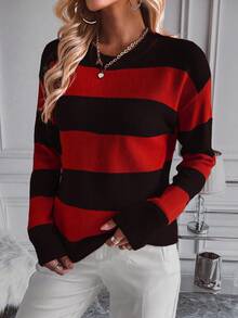 EMERY ROSE Áo len cổ tròn dáng rộng màu tương phản thường ngày dành cho nữ, Thu/Đông - Nhiều màu - Xem 3