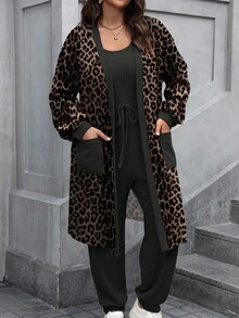 Vionelle 大码女式优雅豹纹法式两件套秋冬长袖连体裤连体衣套装动物印花开衫女式连体裤豹纹开衫 - 黑色 - 查看 6