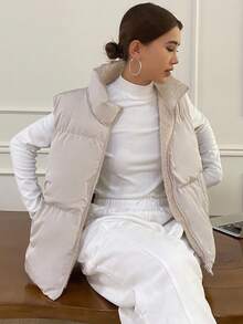 DAZY 女士纯色拉链前开襟休闲保暖背心，冬季女式外套 - 米色 - 查看 8