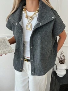 Livesso 女士无袖宽松休闲常规外套，秋季女士背心大衣 - 灰色 - 查看 3