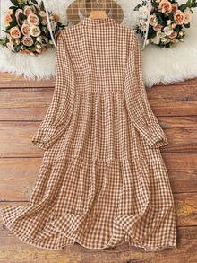 Vestido midi elegante casual de manga larga con botones y diseño a cuadros para mujer de talla grande - Café integral - Ver 2