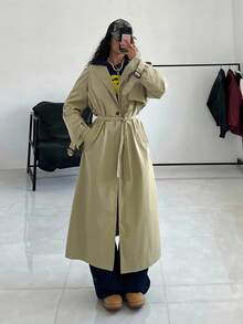 StreetHx Women's Solid Color Real Pocket Waist Tie Long Trench Coat, Autumn - Khaki - View 6