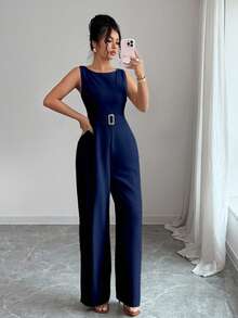 Selianne French Romantic One-Shoulder Sleeveless High Waist Belt Smooth Fabric Metal Buckle Decoration Wide Leg Straight Women Jumpsuit Women Summer Clothing Women Office Clothing Outing Clothing - Navy Blue - View 7