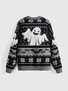 ROMWE Women's Gothic Ghost & Bat Jacquard Pullover Sweater, Halloween - Black - View 2