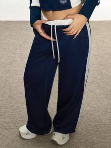 Rina Fox Quần ống rộng ống rộng phối ren tương phản eo có dây rút màu tương phản dành cho nữ - Màu xanh hải quân - Xem 6